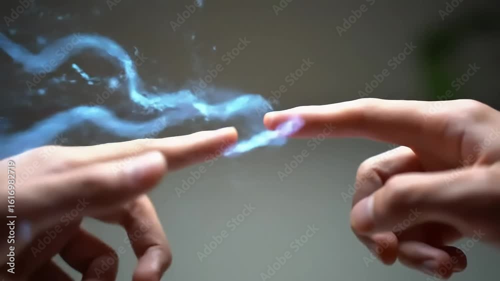 Two fingers nearly touching, emitting a blue, cloudy energy spark between them, on a neutral background