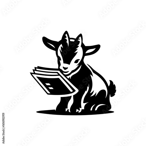 goat kid nibbling on a piece of notebook paper