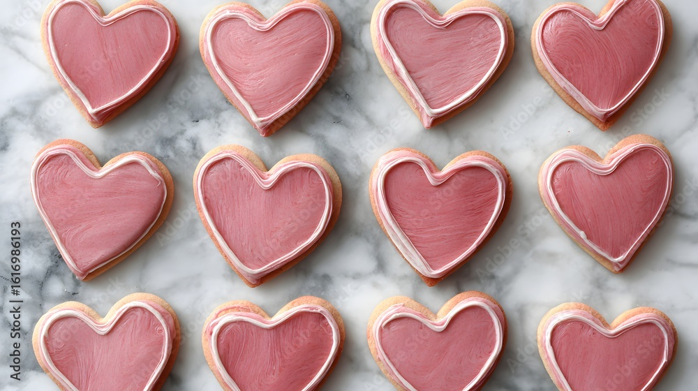 Fototapeta premium Heart-shaped cookies decorated with pink icing.