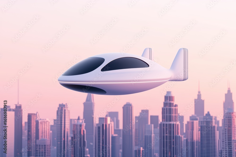 Naklejka premium Futuristic Flying Vehicle Over City Skyline at Sunset