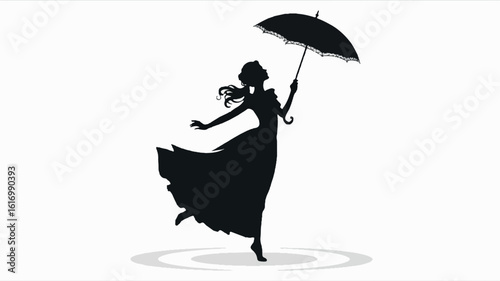 Elegant silhouette of a woman in a flowing dress holding a large open umbrella in black and white