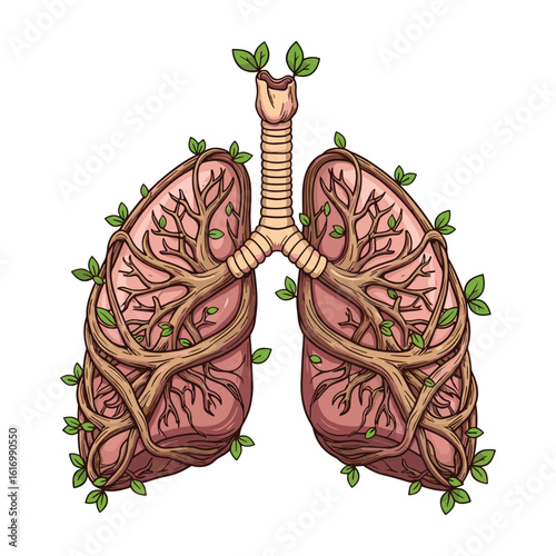 Lungs Illustration with Branches and Leaves Concept for Respiratory Health Awareness Creative Design