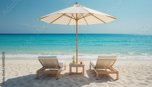Two beach lounge chairs under large white umbrella facing clear turquoise ocean on soft sand with tropical drinks  perfect summer vacation setting for peaceful relaxation 