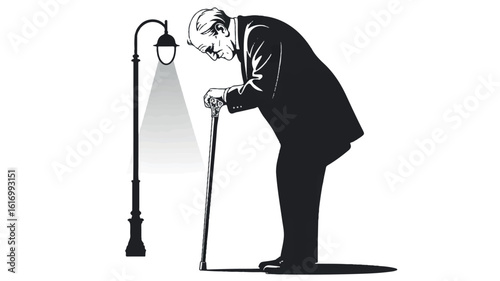 Elegant elderly gentleman in formal attire with a walking cane a classic black and white silhouette