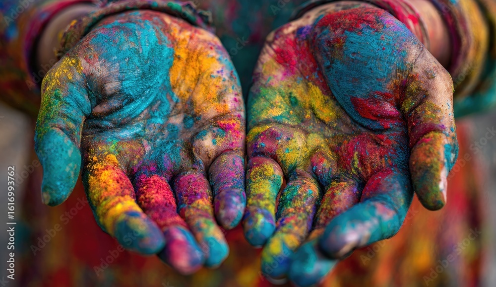 Naklejka premium Close-up of hands covered in vibrant colorful powder