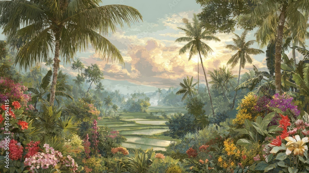 Fototapeta premium Lush landscape with palm trees, rice paddies, and vibrant flowers at sunset