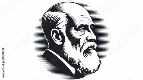 Black and white woodcut portrait of an elderly man in profile head and shoulders