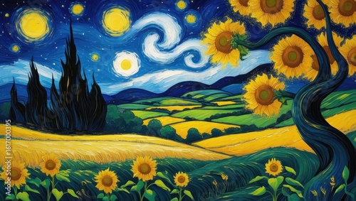 A vibrant landscape painting with sunflowers and a starry night sky.