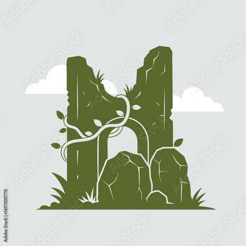 Stone Archway Ruins with Vines and Grass Illustration.