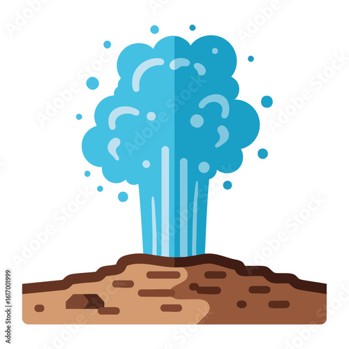 Flat Illustration of a Geyser Erupting with Blue Water from Brown Ground.