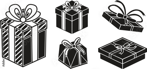 Black and white vector icons of gift boxes with bows and ribbons present