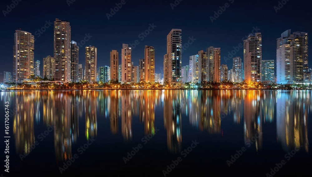 Fototapeta premium Panoramic city skyline at night, reflected in a calm body of water