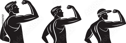 Three black silhouette men flexing biceps with white highlights on white background male