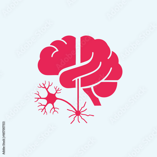 Red Brain and Neuron Diagram Illustration.