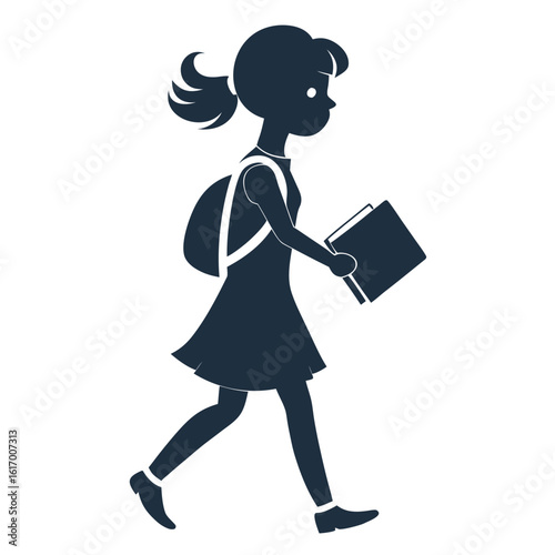 a schoolgirl walking with a book in hand, purposeful mood, side view, isolated on a white background. 