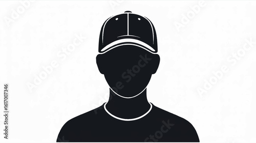 Minimalist black and white silhouette of a person wearing a baseball cap and crew neck t shirt