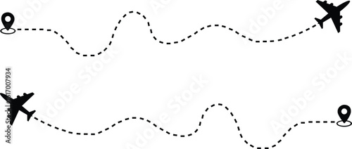 A set of airplane silhouettes with dotted flight paths, representing travel routes and aviation movement. Perfect for flight-related designs, trip planning concepts, and air travel graphics