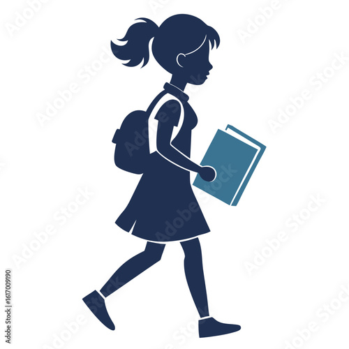 a schoolgirl walking with a book in hand, purposeful mood, side view, isolated on a white background. 