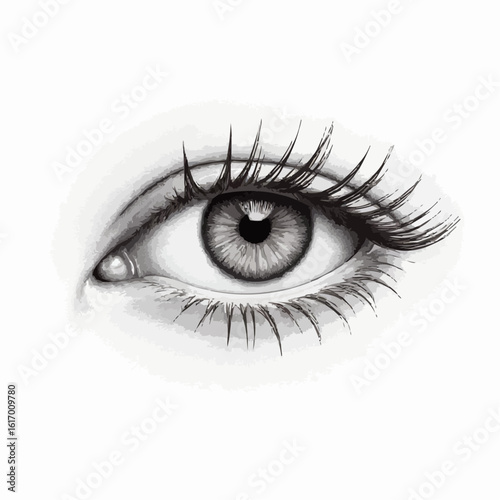 Artistic black and white illustration of a detailed human eye with long eyelashes