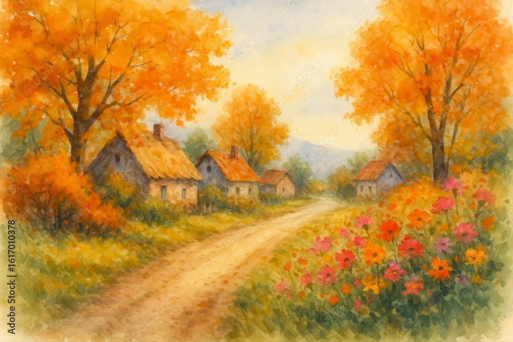 Fototapeta premium Experience autumn charm in this quaint village scene with vibrant foliage and cozy cottages
