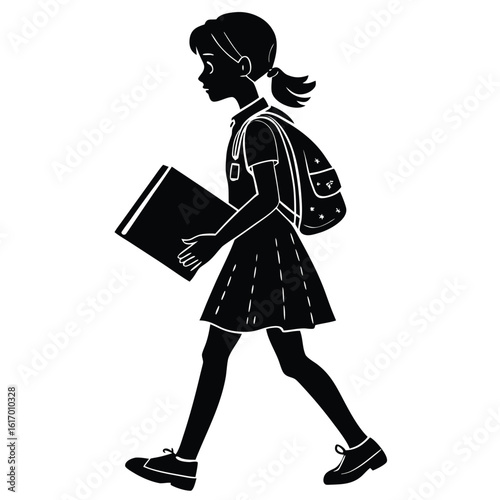 a schoolgirl walking with a book in hand, purposeful mood, side view, isolated on a white background. 