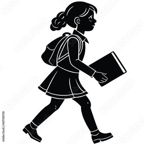 a schoolgirl walking with a book in hand, purposeful mood, side view, isolated on a white background. 