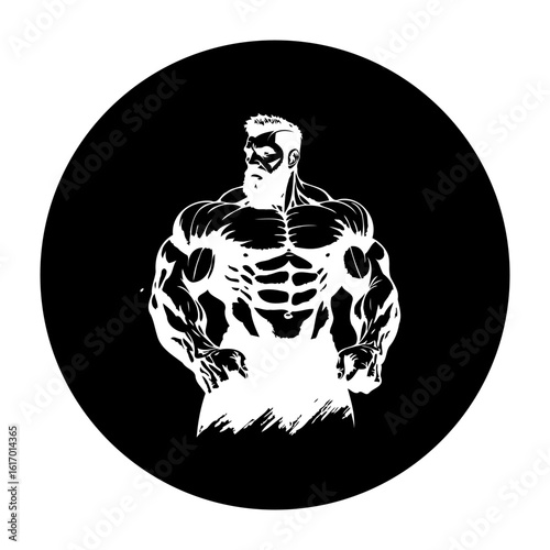 illustration of a muscular man showing his body in the black round background bodybuilder is perfect for gym logo design