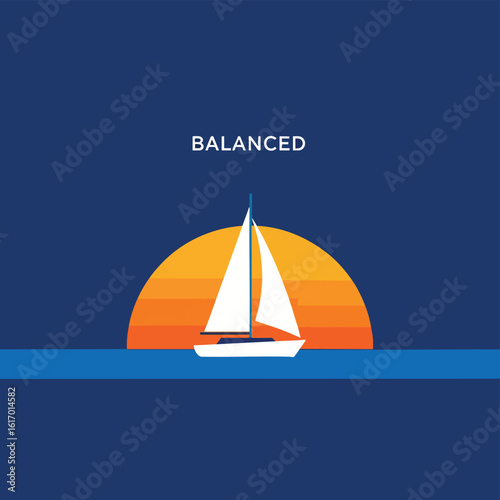 A minimalist white sailboat illustration sailing on the sea at sunset.