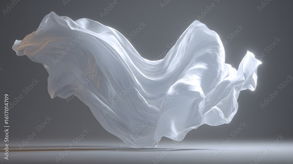 Fototapeta premium Flowing white fabric in dynamic motion.