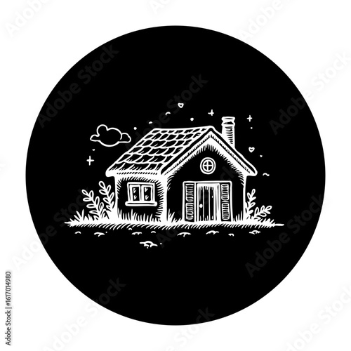 Charming monochrome illustration of a quaint house evoking simplicity tranquility and a sense of cozy home environment