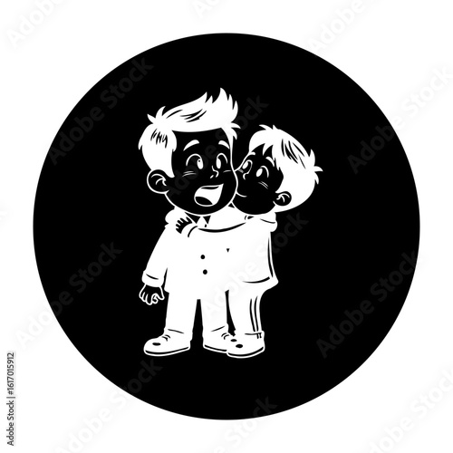 Two young boys sharing a hug expressing love and affection in a cartoon style drawing for children's illustrations