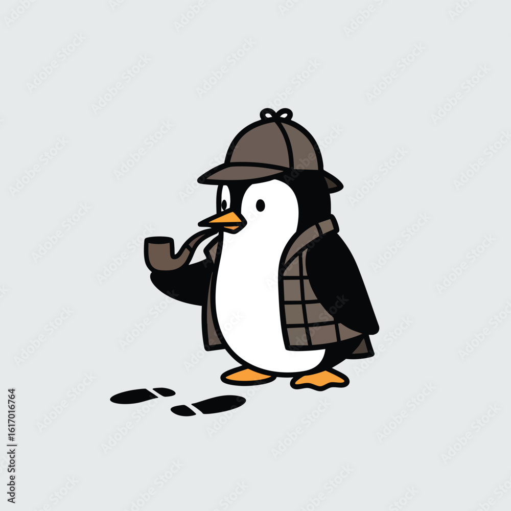 Obraz premium A cute cartoon penguin detective in a deerstalker hat and plaid coat holding a pipe and following footprints.