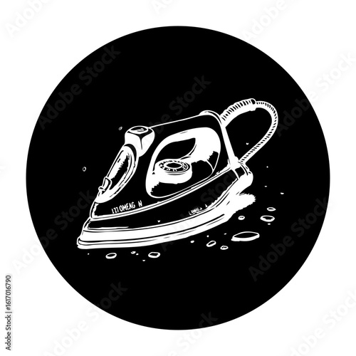 Minimalistic illustration showcases an iron on a black background highlighting domestic chores and appliance simplicity focusing clean design