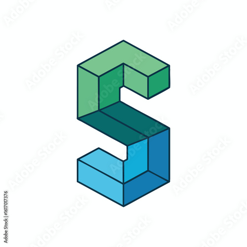 Isometric 3D Letter S Blue and Green Cubes.