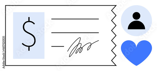 Check with dollar sign, signature, user icon, and heart symbolizing financial transactions, philanthropy. Ideal for charity, donation, finance, contribution crowdfunding community simple landing