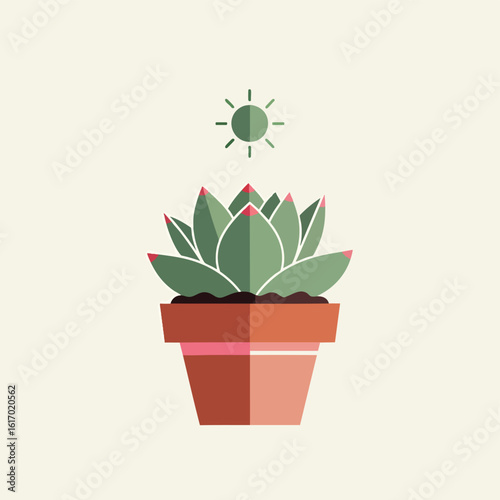 Stylized Echeveria Succulent in Pot with Sun Graphic Above.