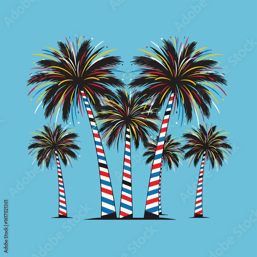 Patriotic palm trees with firework fronds and red white and blue striped trunks.