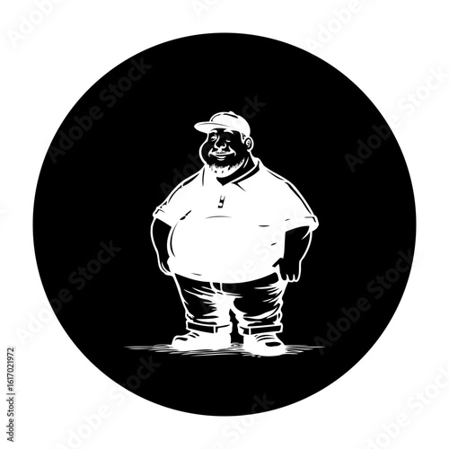 Illustration of a friendly overweight man with cap in black circle providing welcoming impression