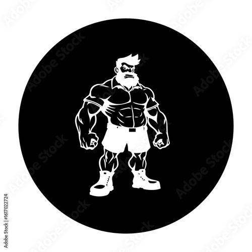 A strong cartoon bodybuilder flexing his muscular physique with a determined expression in white isolated over black background