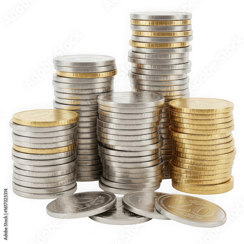 Stacks of gold and silver coins isolated on transparent background