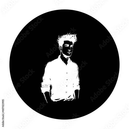 Monochromatic portrait unveiling a stylish male figure standing out against a stark black backdrop illustration
