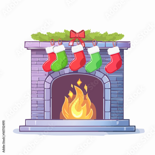 Bright neon vector of Christmas stockings hanging over a glowing fireplace, cozy and festive atmosphere, full color design