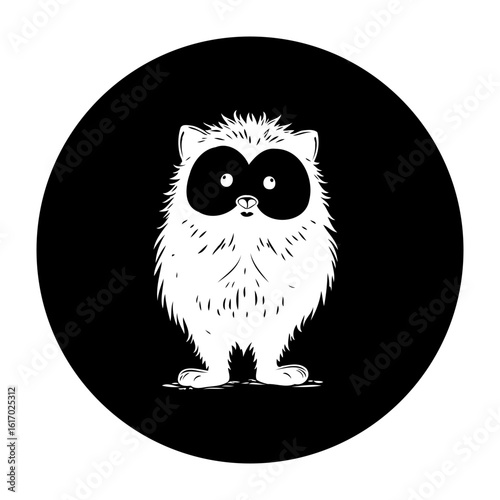 Whimsical fluffy creature with distinctive eye markings illustration in a bold circular composition offering charm and intrigue