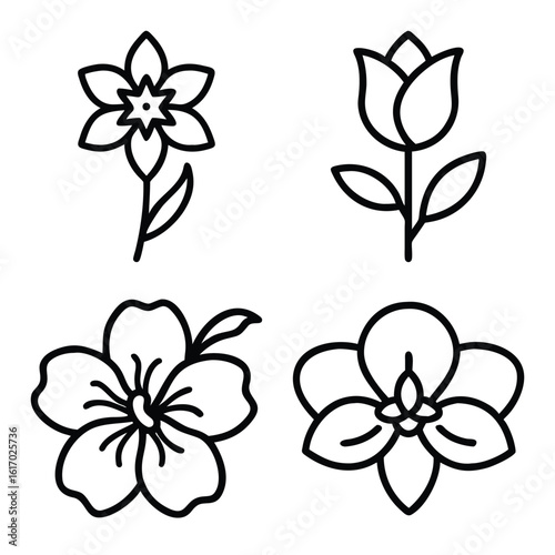 Minimalist Line Art Flower Icons Set – Elegant Black Outline Floral Symbols Including Tulip, Hibiscus, and Decorative Petals for Logo, Design, and Botanical Illustration Projects