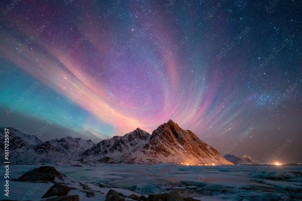 Obraz premium Breathtaking Aurora Borealis Display Over Majestic Mountain Landscape at Night with Stars and Colorful Skies in Norway's Arctic Region