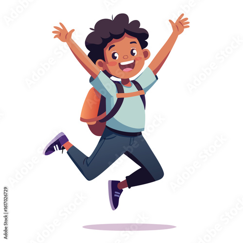 a happy school-aged boy or girl leaping joyfully into the air, arms raised, with a backpack on their shoulders, isolated on white background