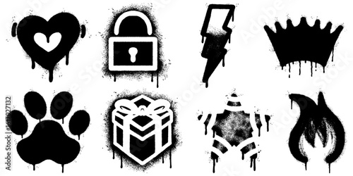 Graffiti Stencil Icons Collection with Heart, Lock, Lightning, Crown, Paw, Gift, Fire, and Star Designs.