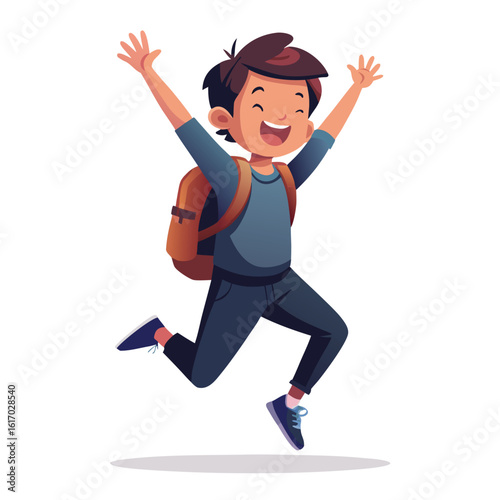 a happy school-aged boy or girl leaping joyfully into the air, arms raised, with a backpack on their shoulders, isolated on white background