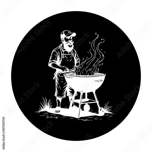 Man grilling barbecue with smoke and fire graphic illustration in black and white on isolated background vector drawing