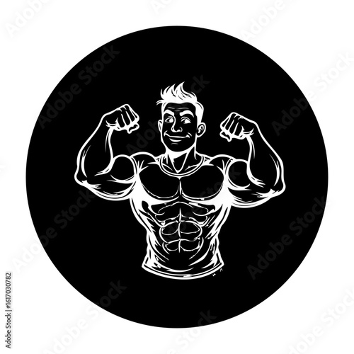 Cartoon bodybuilder showing muscle definition on black circle background emphasizing strength and physique showcasing confidence